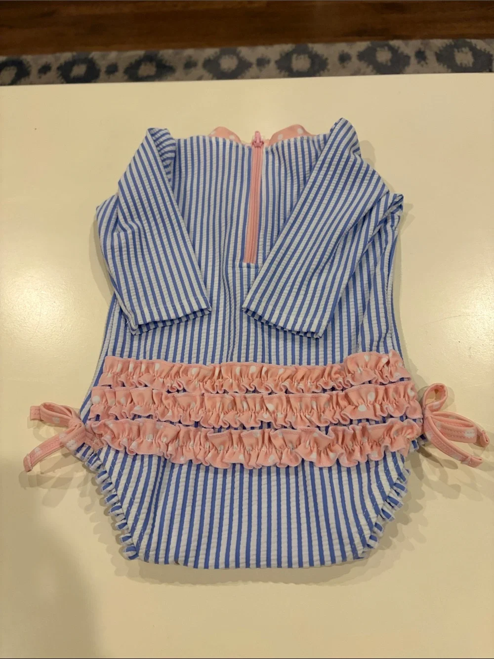 Ruffle Butts Blue & Pink Striped Long-Sleeve One-Piece
